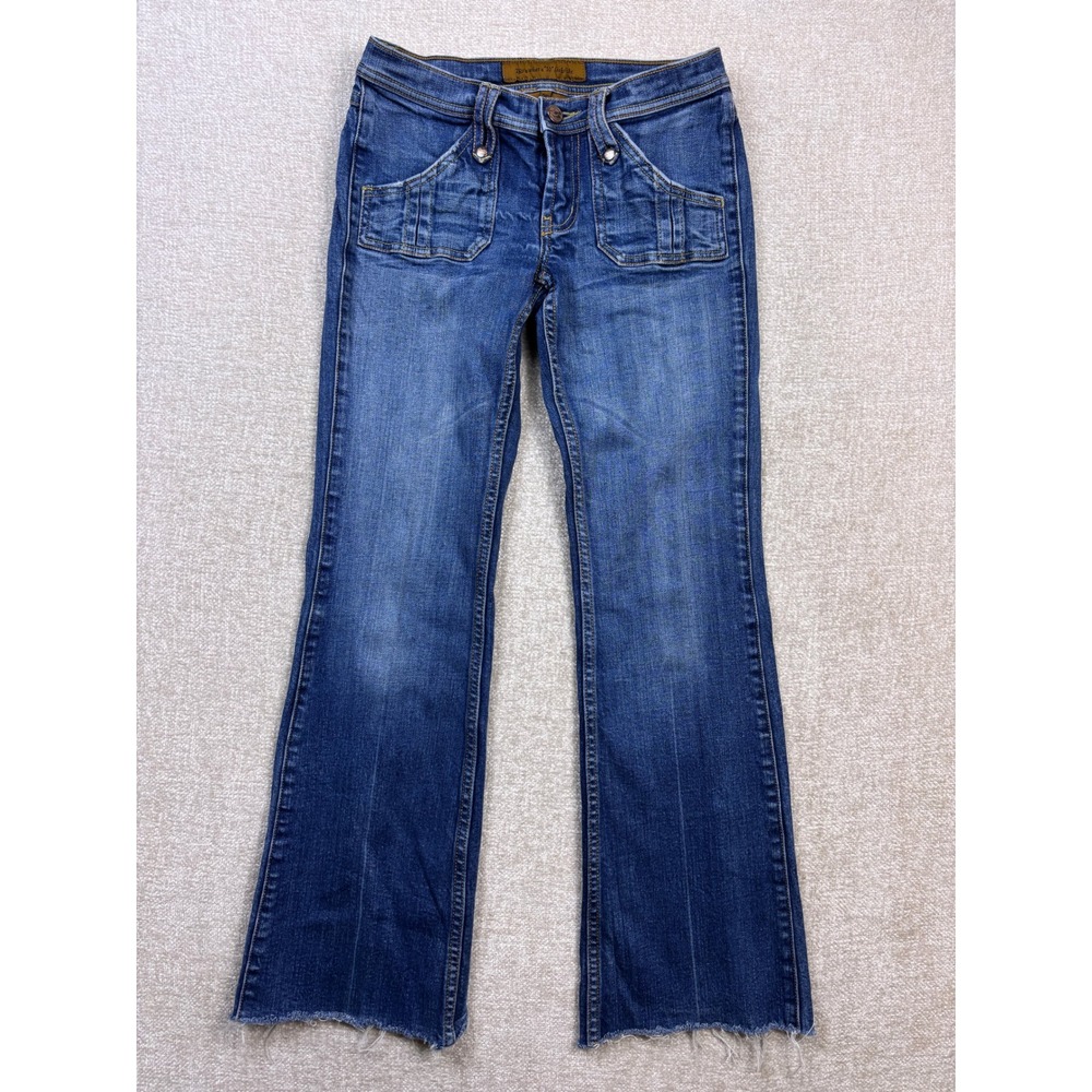 Saforte Womens Flare Jeans Size 25 Blue Denim Raw Hem Patch Pocket Stretch